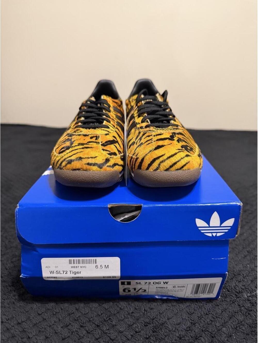 Adidas SL 72 Tiger sneakers with orange and black tiger stripe pattern